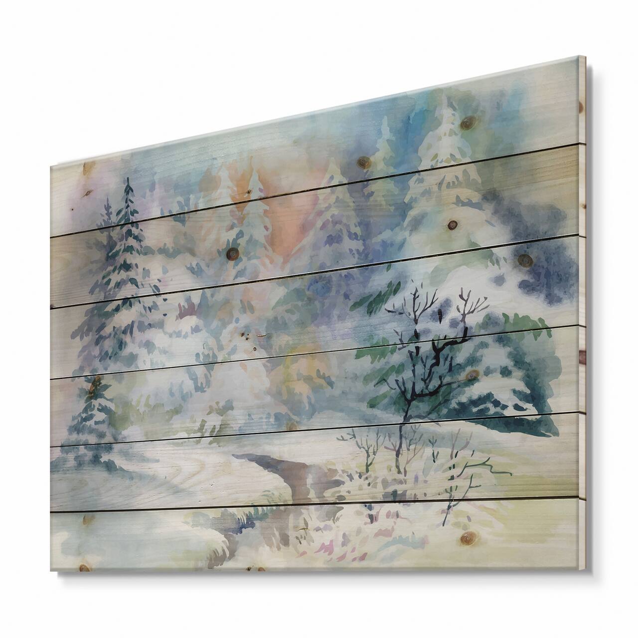 Designart - Winter Landscape With Snowy River I - Traditional Print on Natural Pine Wood